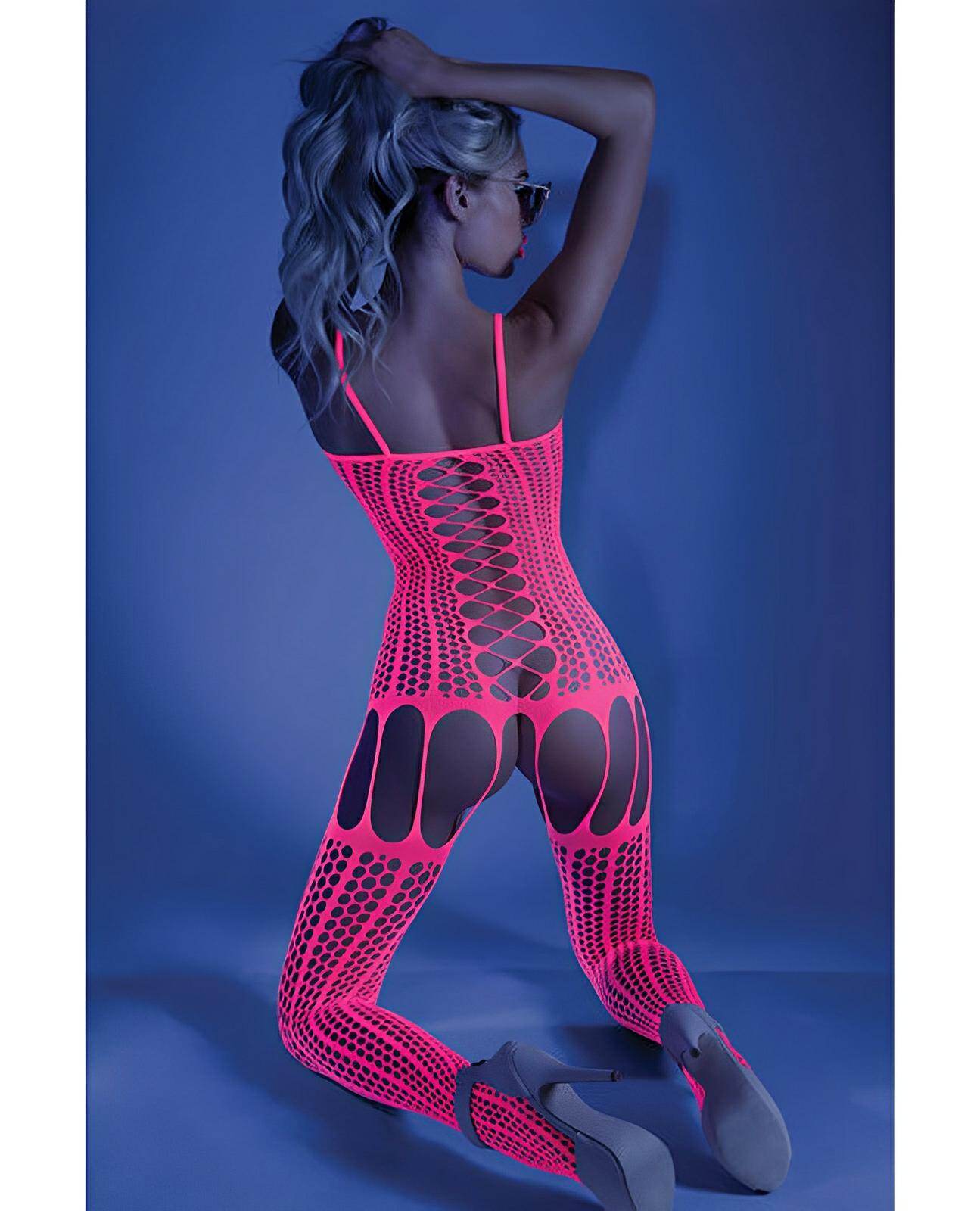 Glow Black Light Criss Cross Paneled Bodystocking Neon Pink O-s - SEX LOVE DOLLS