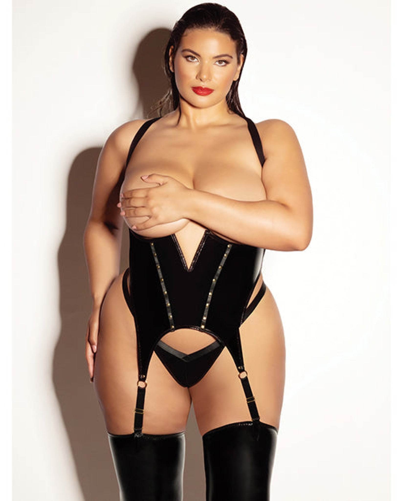 FETISH Open Cup Vinyl V-Wire Merrywidow w/G-String - Black 1X/2X - SEX LOVE DOLLS